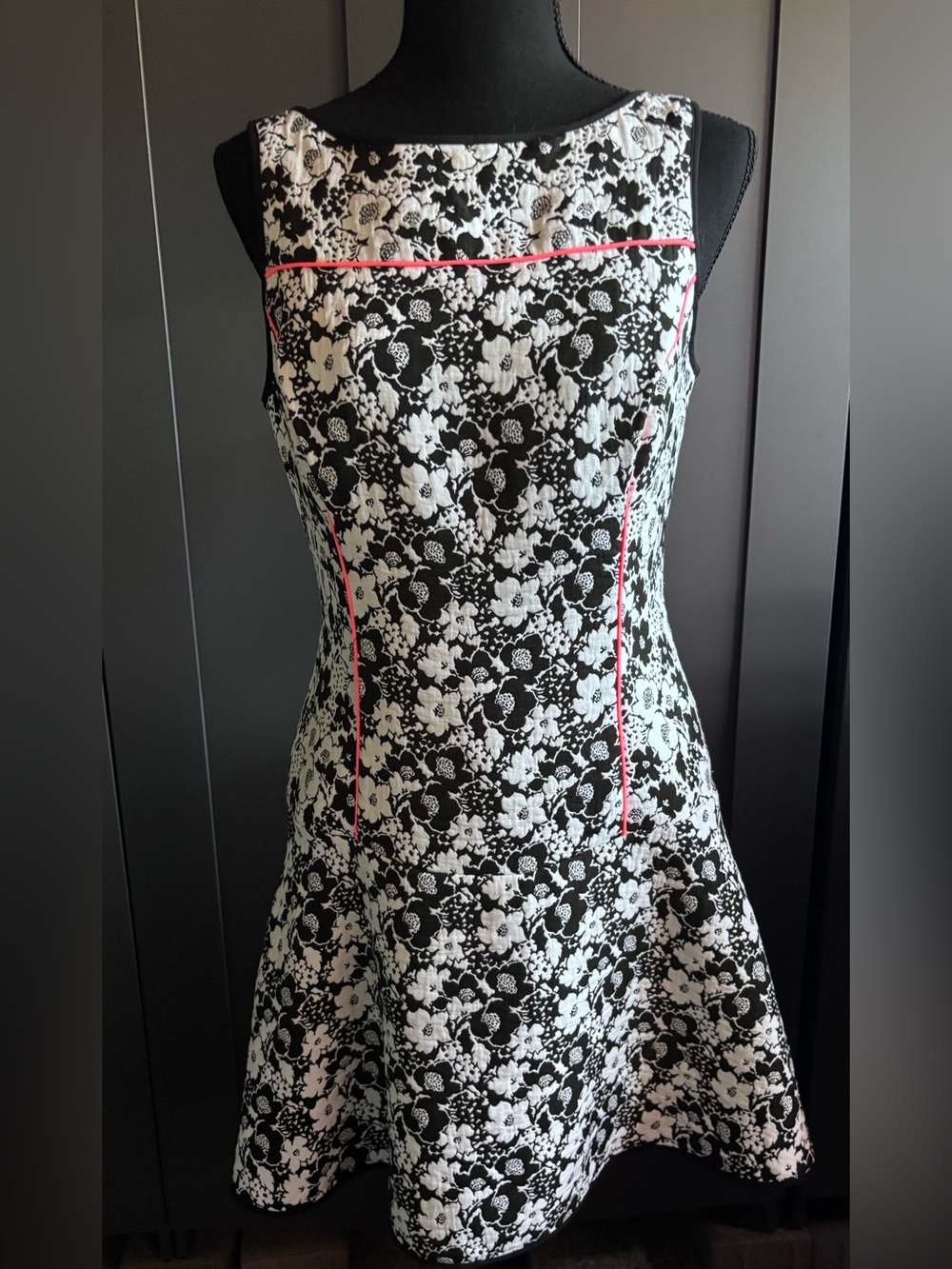 Banana Republic Black and White Floral A-Line Dress with Pink Piping